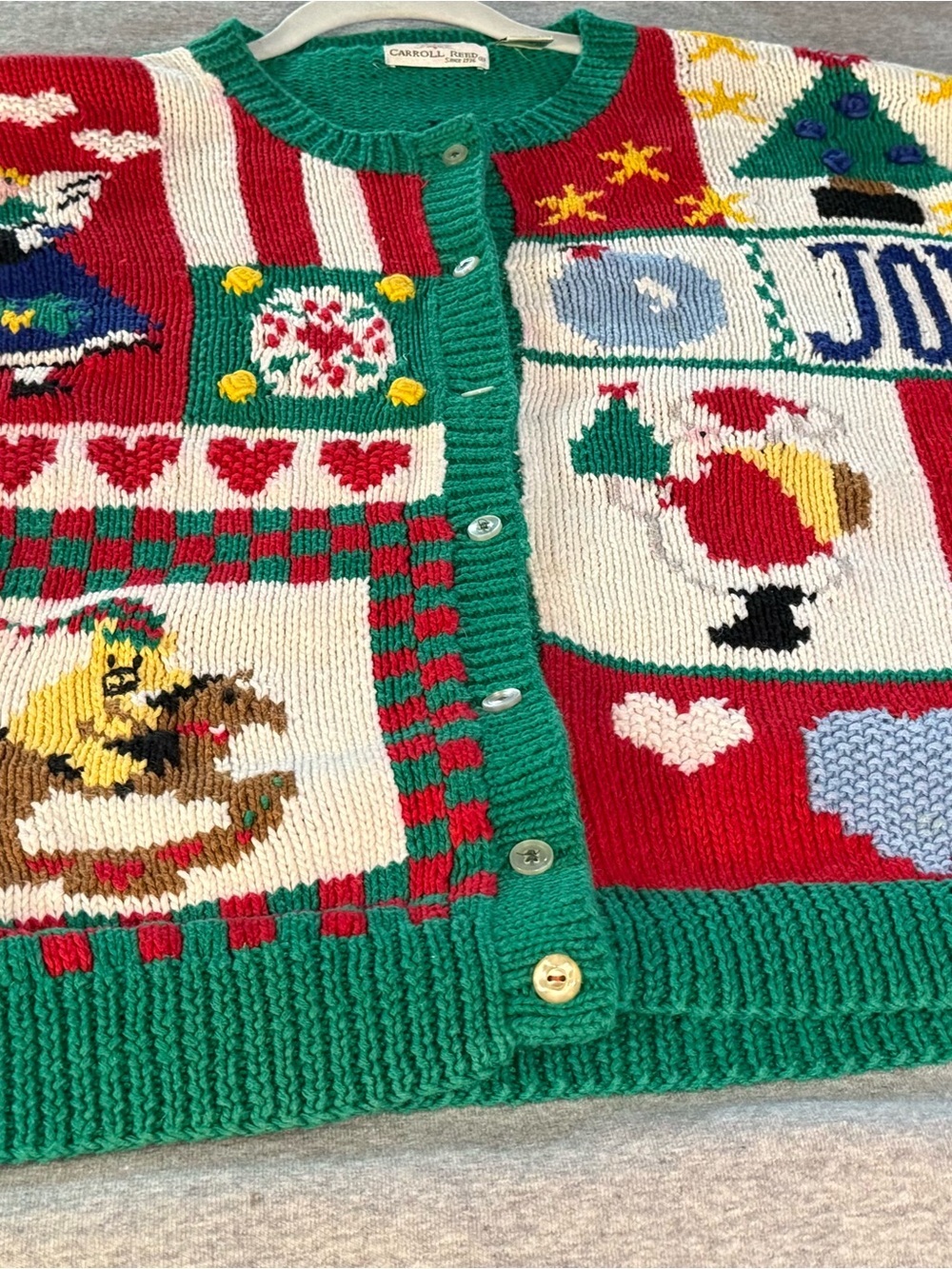 Carroll Reed Festive Holiday Patchwork Knit Cardigan - Green/Red/Cream size M